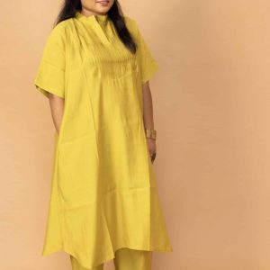 Lime Gold Chanderi Kaftan Pleated Kurta set