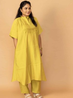 Lime Gold Chanderi Kaftan Pleated Kurta set