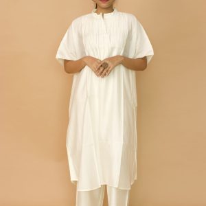 Ivory Chanderi Kaftan Pleated Kurta set