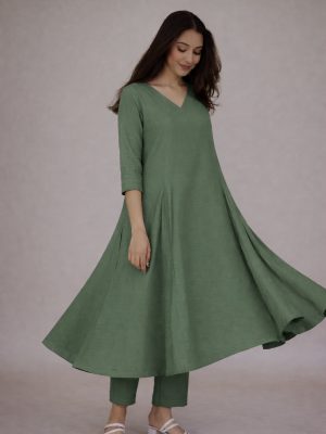 Sage Green V Neckline kali Kurta Set