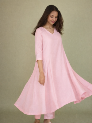Pastel Pink V- Neckline kali Kurta Set