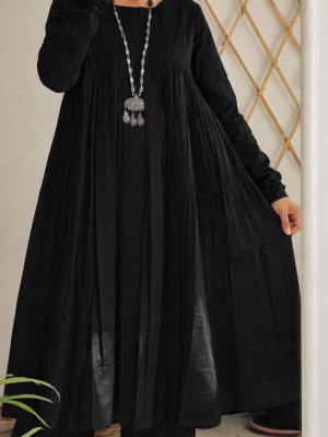Royal black Chudi sleeves Gathered Kurta Set