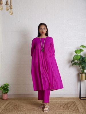 Purple Mul Chudi sleeves Gathered Kurta Set