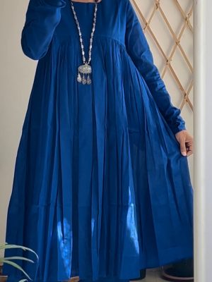 Royal blue Mul Chudi sleeves Gathered Kurta Set