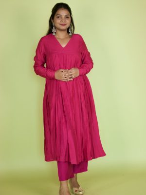 Magenta Chanderi Chudi sleeves Kurta set