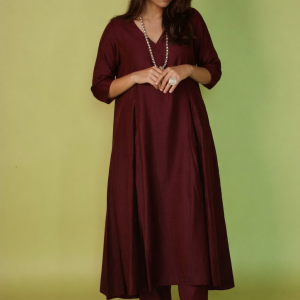 Maroon V- Neckline kali Kurta Set