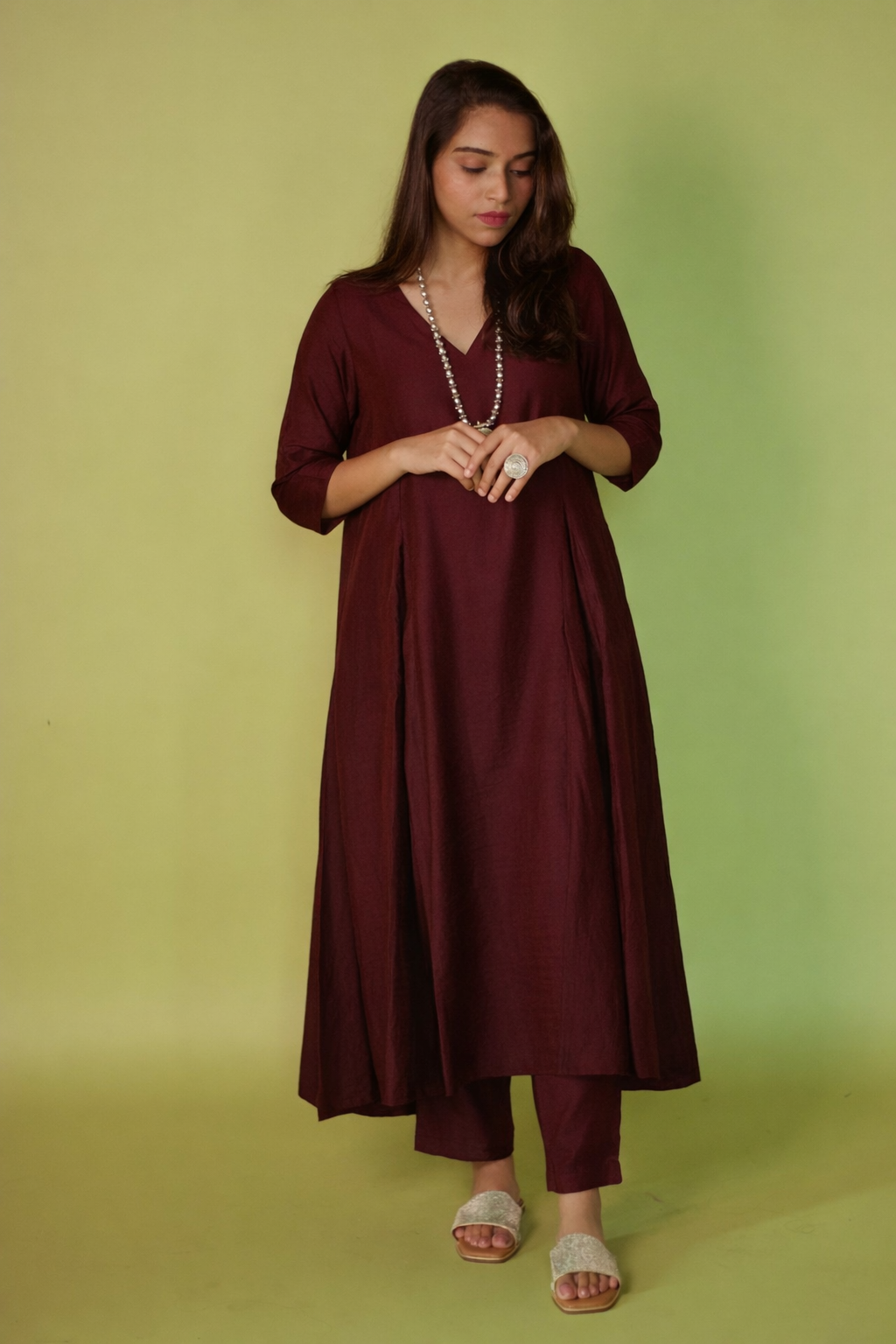 Maroon V- Neckline kali Kurta Set
