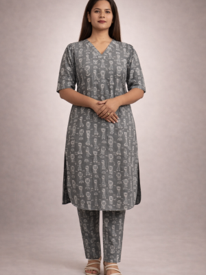 Grey Handblock Kurta with Matching Pant