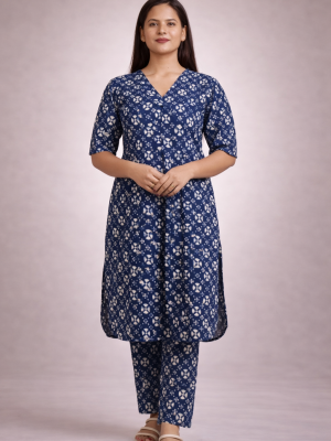 Indigo Floral Handblock Kurta with Matching Pant