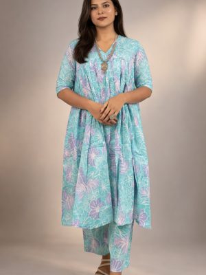 Blue Floral Gathered kurta with matching Pant