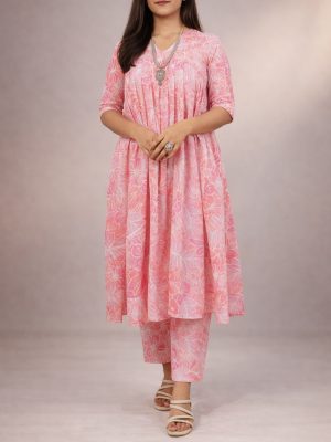 Orange Floral Gathered kurta with matching Pant