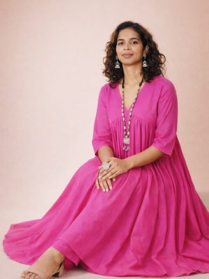 Purple Mul Gathered Kurta Set with Matching Pant