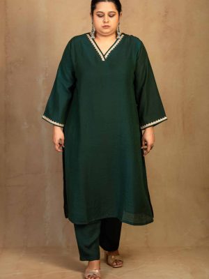 Jungle Green Chanderi Lace Kurta with Matching Pant | Saaragya