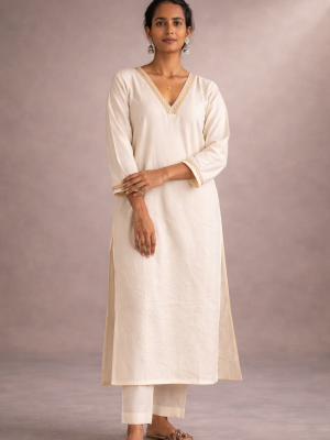 Ivory Chanderi Lace Kurta with Matching Pant | Saaragya