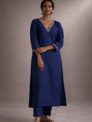 Deep Blue Chanderi Lace Kurta with Matching Pant | Saaragya