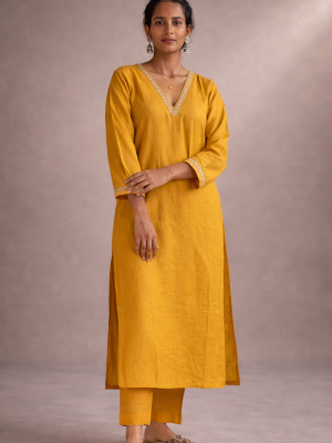 Mustard Chanderi Lace Kurta with Matching Pant | Saaragya