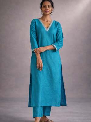 Teal Chanderi Lace Kurta with Matching Pant | Saaragya