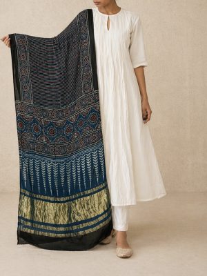 Indigo Modal Silk Dupatta with Golden Lagdi Patta | Saaragya