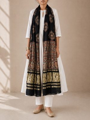 Black Modal Silk Dupatta with Golden Lagdi Patta