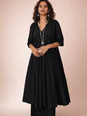 Royal Black Mul Gathered Kurta Set