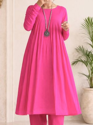 Pink Mul Chudi sleeves Gathered Kurta Set with Matching Pant | Saaragya