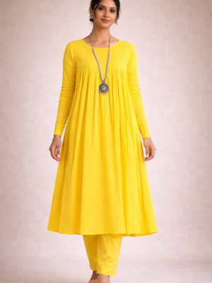 Pastel Yellow Mul Chudi sleeves Gathered Kurta Set with Matching Pant