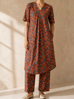 Gerua Phool Handblock Kurta with Matching Pant