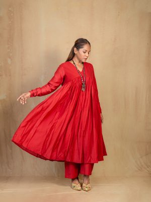 Deep Red Chanderi Gathered Kurta Set