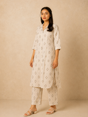Beige Notch Collar Everyday Kurta Set