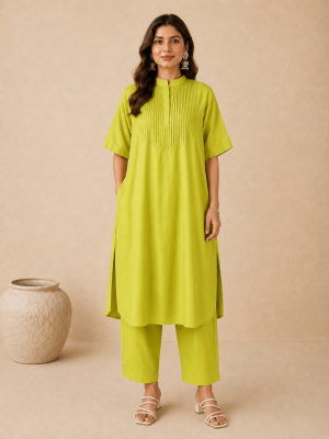 Lime Gold Chanderi Kaftan Pleated Kurta set
