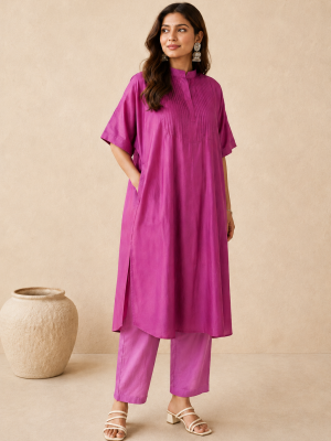 Mauve Chanderi Kaftan Pleated Kurta set