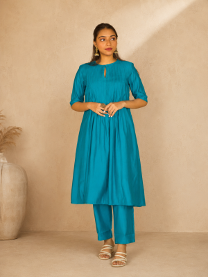 Teal Chanderi Pleated Kurta Set