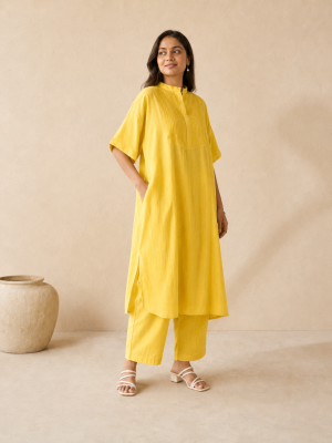 Pastel Yellow Chanderi Kaftan Pleated Kurta set